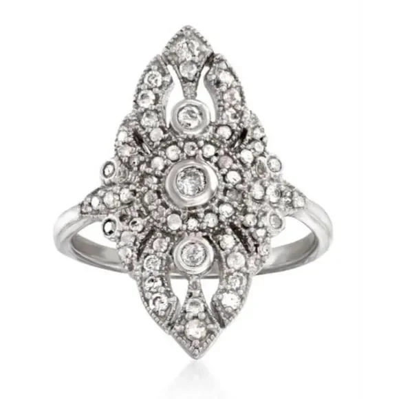 Sz9 1/2 Carat Genuine Diamond Vintage Style Openwork Filigree Ring - Picture 1 of 6